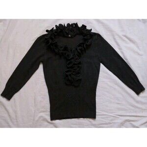 Vila Milano Ruffle Neckline Sweater Gray V Neck 3/4 Sleeve Career Womens Medium